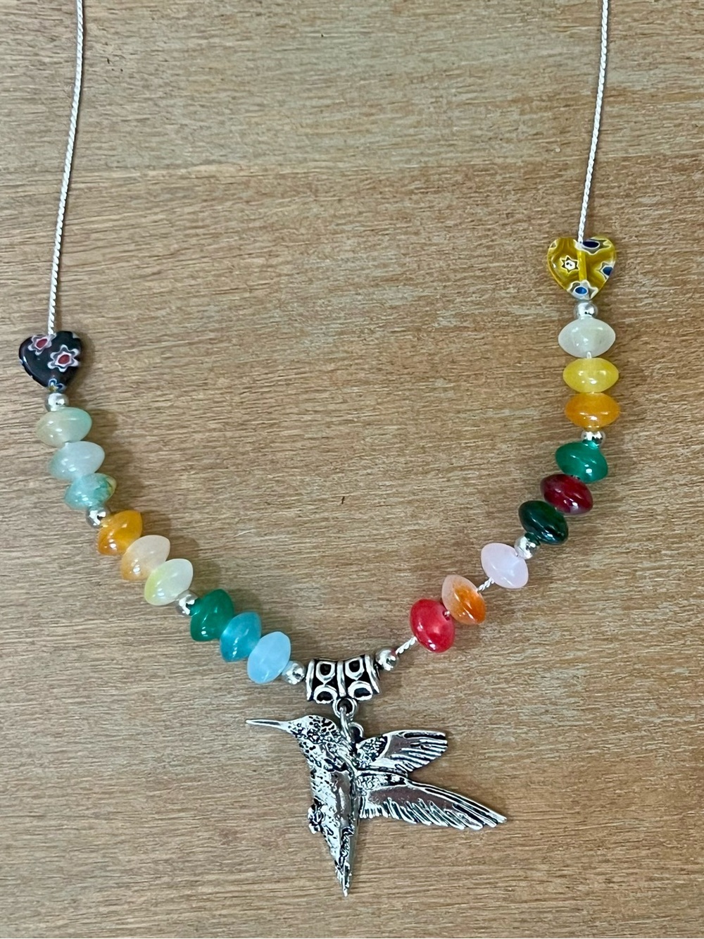 Multicolor Beaded Necklace with Silver-Tone Hummingbird Pendant